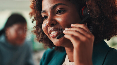 Buy stock photo Call center, contact us and problem solving with woman in office for assistance, consulting or help. Customer service, headset and support with happy virtual assistant in workplace for crm feedback