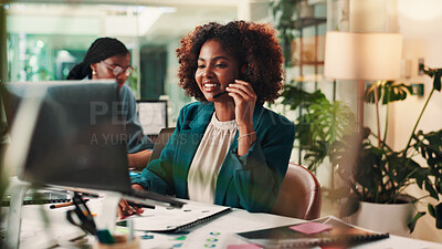Buy stock photo Call center, contact us and laptop with black woman in office for assistance, consulting or help. Computer, customer service and support with happy virtual assistant at work for crm or sales feedback