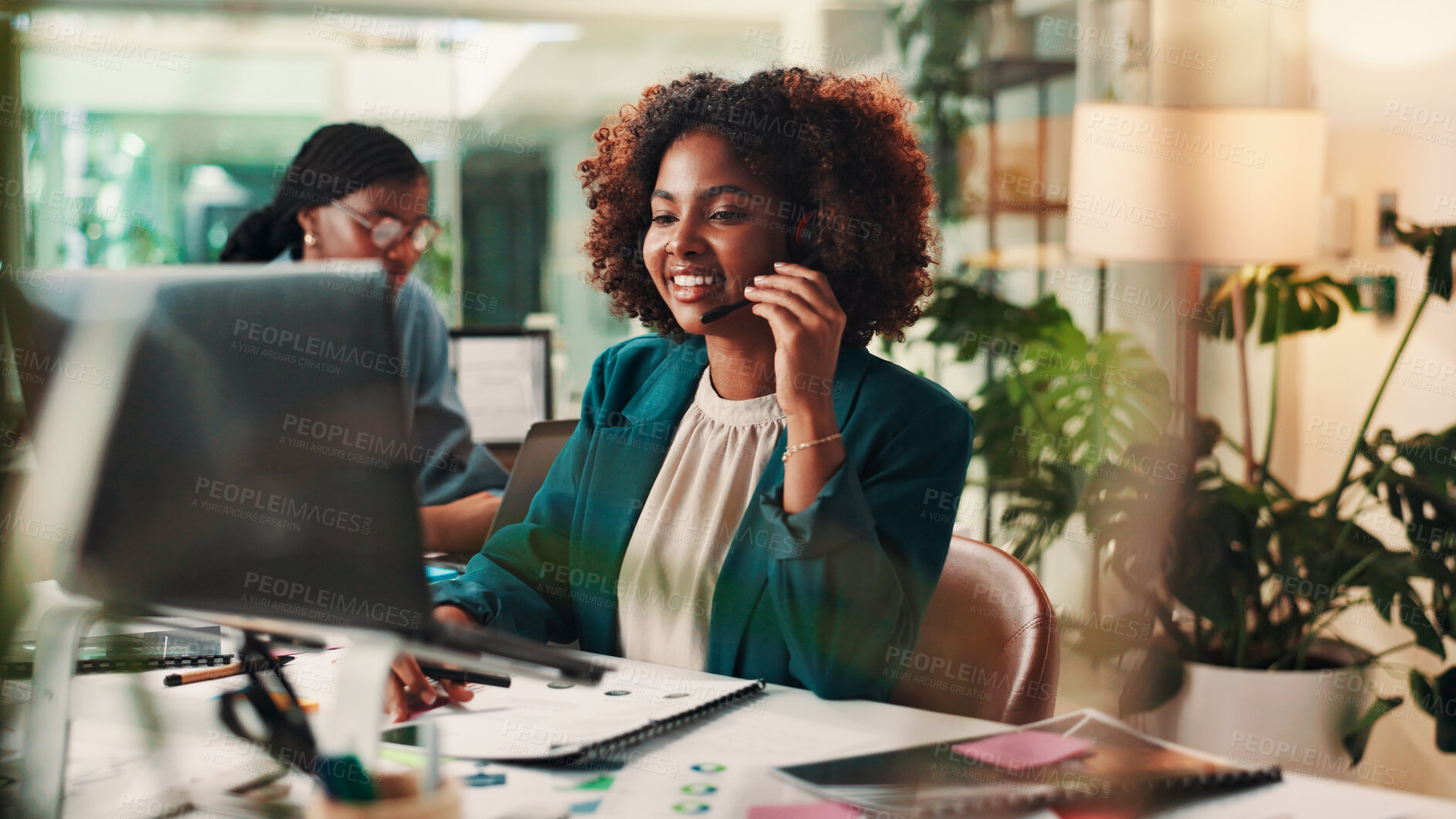 Buy stock photo Call center, contact us and laptop with black woman in office for assistance, consulting or help. Computer, customer service and support with happy virtual assistant at work for crm or sales feedback