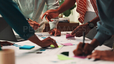 Buy stock photo People, designers and hands with documents for planning, schedule or meeting together at office. Closeup, group or team working with paperwork or sticky note for sharing ideas on creative strategy