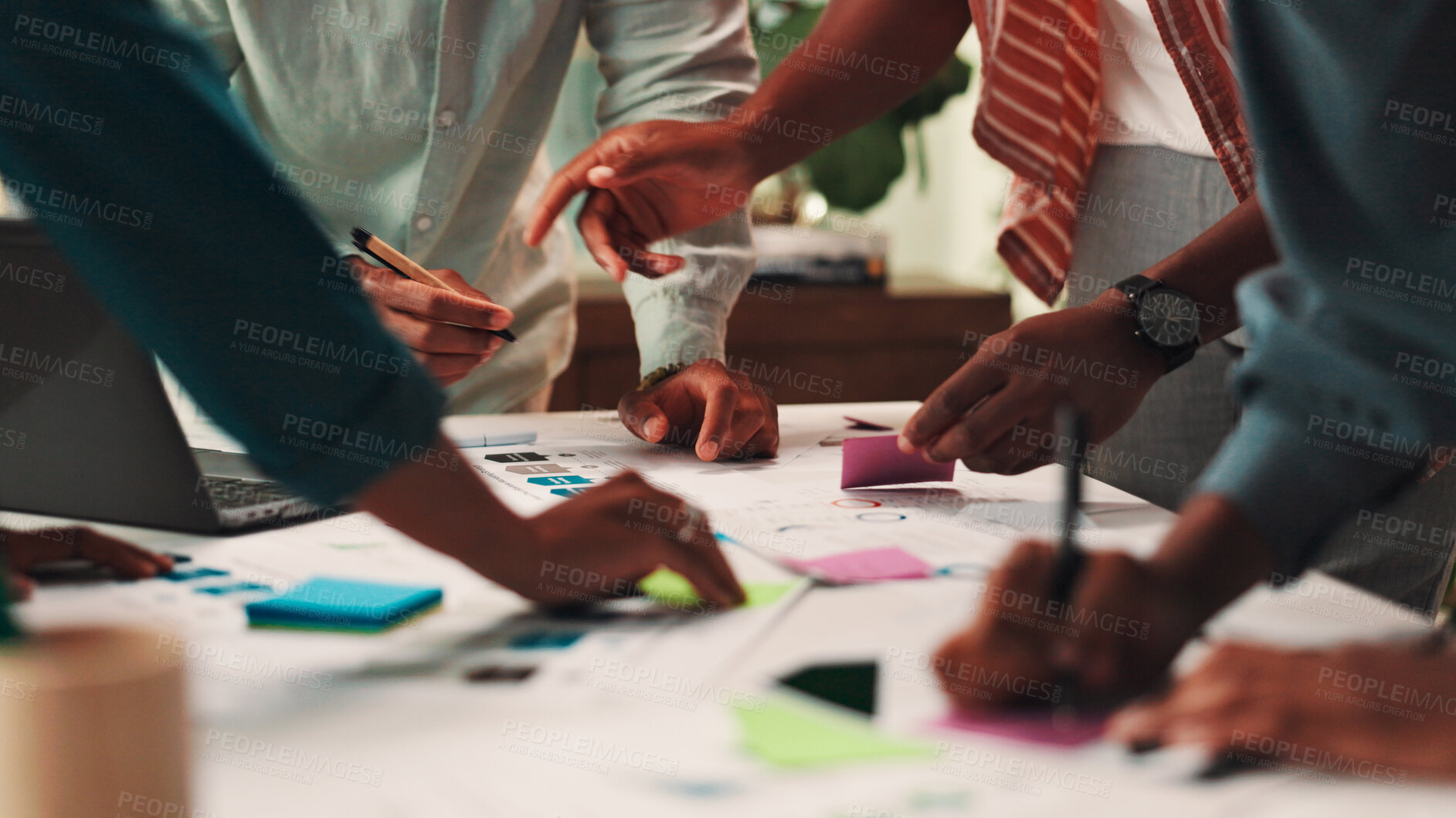 Buy stock photo People, designers and hands with documents for planning, schedule or meeting together at office. Closeup, group or team working with paperwork or sticky note for sharing ideas on creative strategy