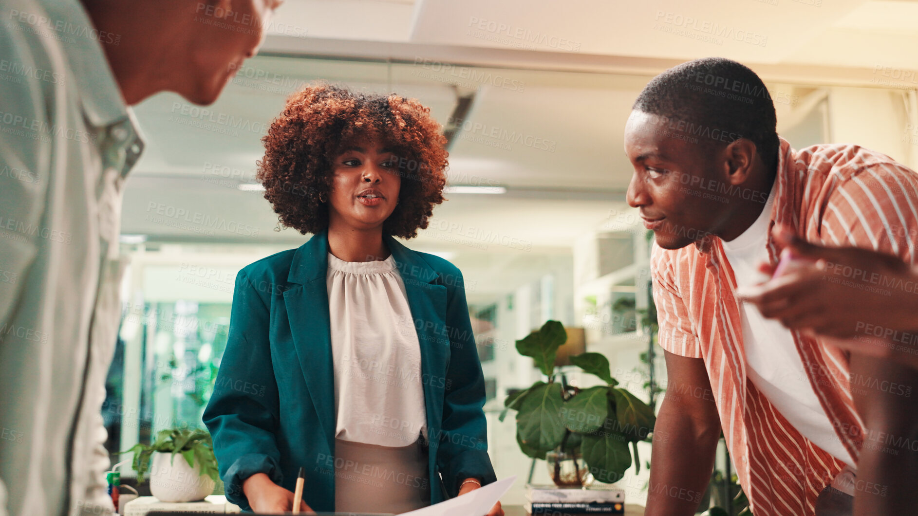 Buy stock photo Conversation, meeting or business people in office, teamwork or planning for ad agency. Sales consultant, group or employees in workplace, brainstorming or share idea with feedback or review proposal