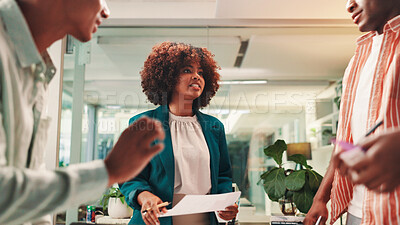 Buy stock photo Business people, meeting and woman in office, brainstorming and planning for ad project. Employees, group and sales consultant in workplace, feedback and report for campaign, ideas and conversation