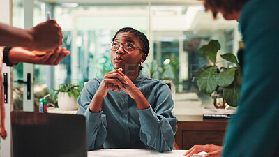 Buy stock photo Collaboration, meeting and pitch with business people in office for ideas, planning or proposal. Listening, stick notes and writing with employee team in workplace for discussion or strategy