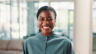 Buy stock photo Black woman, business and happy professional in office, brand consultant and creative worker. Face, smile and confident employee at startup, campaign advisor and pride for career growth in Kenya