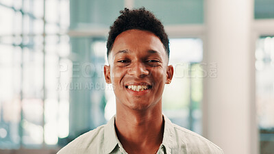 Buy stock photo Portrait, business and happy man in startup office, journalist and creative writer or reporter. Face, smile and confident employee, worker and news editor with pride for career growth in Brazil