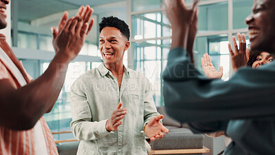 Buy stock photo Happy, business people and meeting with applause for promotion, good job or winning at office. Excited, group or employees clapping with smile for teamwork, success or congratulations at workplace