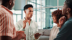 Tablet, team talking and business people with ideas, event planning and schedule in creative meeting. Technology, collaboration or group brainstorming in startup office, venue research and design