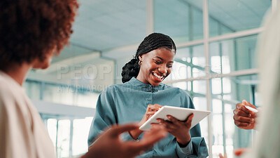 Buy stock photo Tablet, team and business woman laughing, event planning or funny joke in creative meeting. Technology, collaboration or happy group brainstorming in startup office, venue research or design online