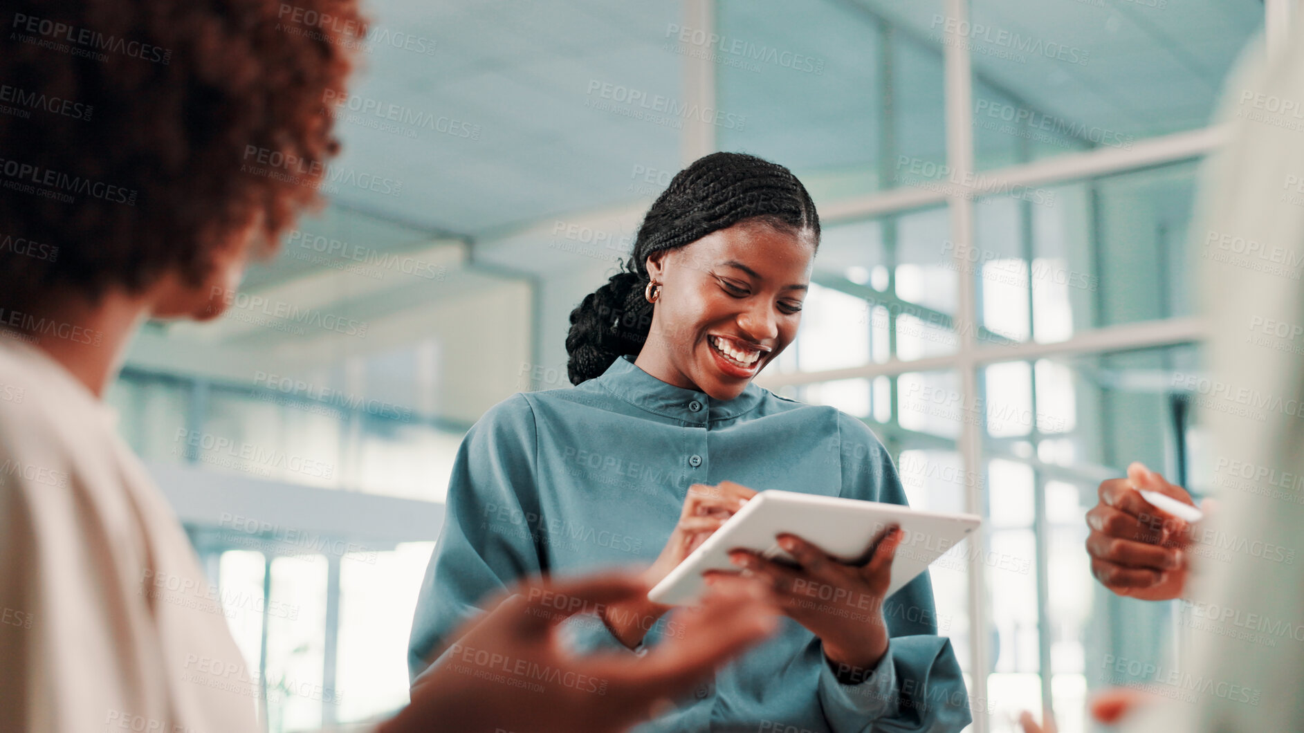 Buy stock photo Tablet, team and business woman laughing, event planning or funny joke in creative meeting. Technology, collaboration or happy group brainstorming in startup office, venue research or design online