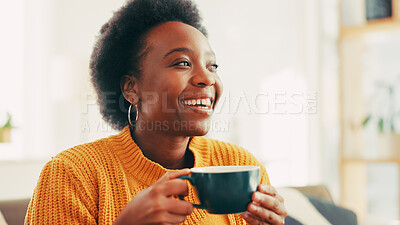 Buy stock photo Thinking, aroma and black woman with coffee on sofa in home with happiness, calm and relax. Smile, peace and African female person smell scent of cappuccino, latte or matcha in living room at house.