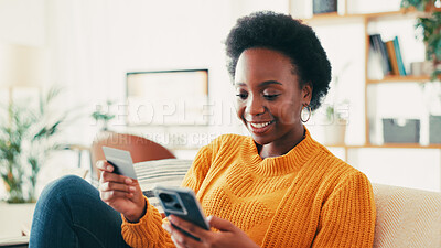 Buy stock photo Home, credit card and black woman on couch, cellphone and savings increase with smile. Apartment, discount deal and African person on sofa, smartphone and banking for transactions, ecommerce and app