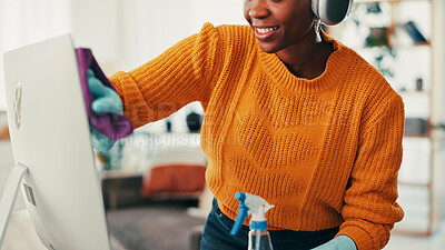 Buy stock photo Computer, cleaning and hands of woman with sanitizer, alcohol wipes and hygiene in home. Person, pc and cloth in living room for disinfection, dirt removal and keyboard maintenance for protection