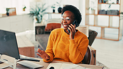 Buy stock photo Black woman, laptop and phone call from remote work from home office, smile and report for admin job. Person, virtual assistant and contact with advice, consulting and feedback for project management