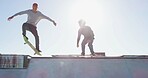 Men, skateboard and skating jump at park with balance, fitness and practice action trick for sports competition. Flare, skater and people training for performance, recreation or adventure with talent