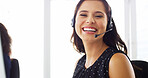 Call center, headset and portrait of woman in office with consultation for lead generation, crm or inbound support. Contact us, audio tech and customer experience agent with order process at helpdesk