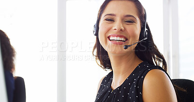 Buy stock photo Call center, headset and portrait of woman in office with consultation for lead generation, CRM or inbound support. Contact us, audio tech or customer experience agent with order process at help desk