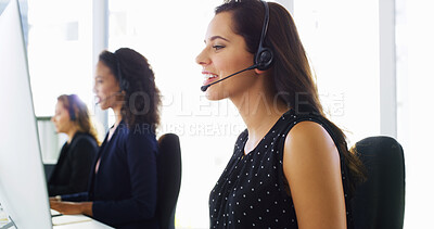 Buy stock photo Call center, talking and woman with headset by computer for inbound query, friendly service and lead generation. Telemarketing, consultant and happy with help desk assistance, FAQ and online support