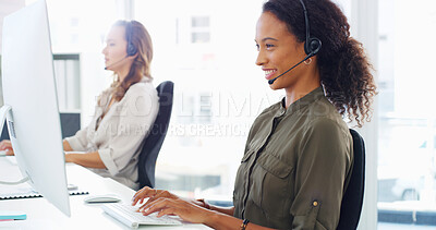 Buy stock photo Computer, woman and happy with headset in call center for technical support, online advice and troubleshooting help. Contact us, consultant and friendly with inbound query or network issue resolution