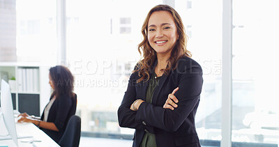 Buy stock photo Office, businesswoman and arms crossed in portrait for accountant, professional career and confidence. Happy, female person and financial manager with pride for about us, auditing and accounting firm