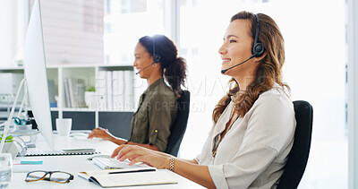 Buy stock photo Headset, woman and typing with computer in call center for virtual assistance, online advice and technical support. Contact us, friendly agent and help with inbound query and network issue resolution