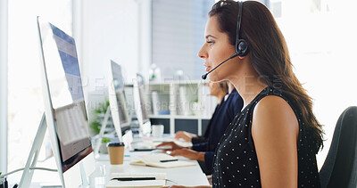 Buy stock photo Call center, computer screen and woman consulting with headset for inbound query, technical support and advice. Contact us, consultant and reading FAQ for help desk assistance and troubleshooting