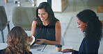 Business people, conversation and women in meeting, planning and feedback for financial report. Employees, coworking and mentor in office, cooperation and discussion for project development and smile