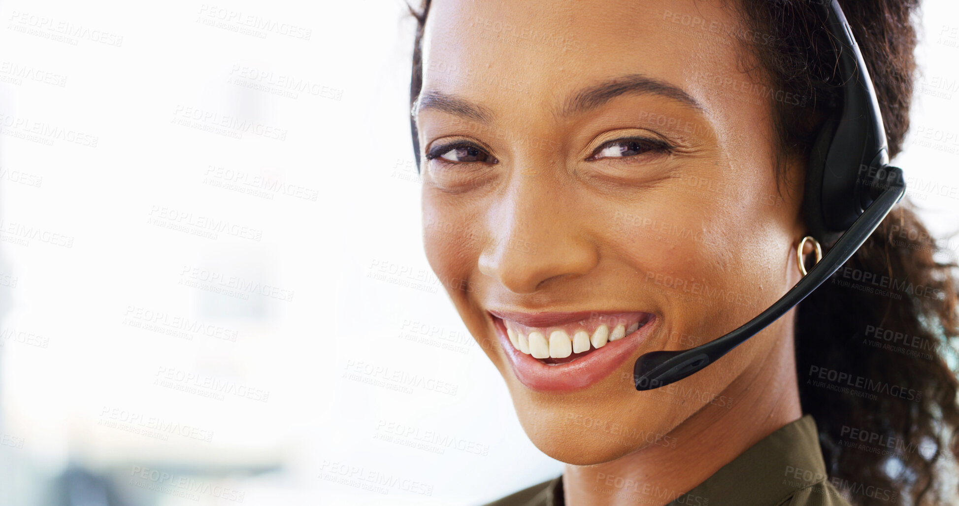 Buy stock photo Call center, headset and portrait of agent in office with consultation for lead generation, crm or inbound support. Mockup space, tech and female customer experience consultant with order at helpdesk
