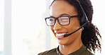 Call center, glasses and woman in office with consultation for lead generation, crm or inbound support. Contact us, audio tech and female customer experience agent with order process at helpdesk.