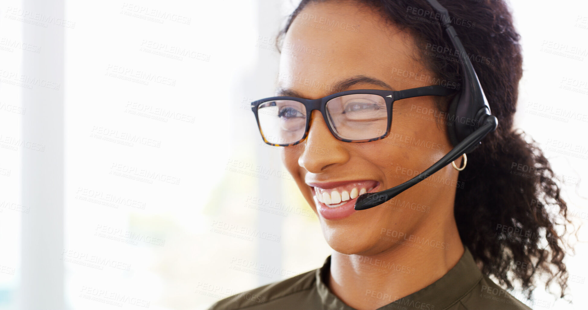 Buy stock photo Call center, glasses and woman in office with consultation for lead generation, space or inbound support. Contact us, audio tech and female customer experience agent with order process at helpdesk.