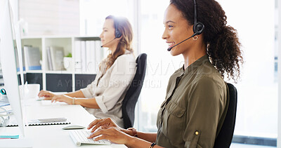 Buy stock photo Call center, headset and women in office with consultation for lead generation, crm or inbound support. Contact us, audio tech and female customer experience agents with order process at helpdesk.