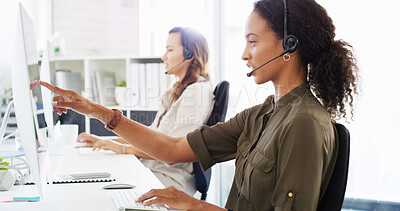 Buy stock photo Customer experience, headset and women in office with consultation for lead generation, crm or inbound support. Contact us, audio tech and female call center agents with order process at helpdesk.