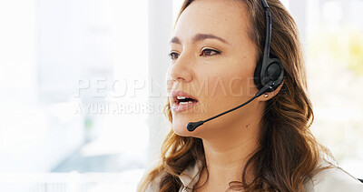 Buy stock photo Call center, talking and women in office with consultation for lead generation, space or inbound support. Contact us, headset and female customer experience consultant with order process at helpdesk.