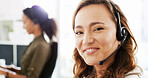 Call center, portrait and woman in office with consultation for lead generation, crm or inbound support. Contact us, audio tech and female customer experience agent with order process at helpdesk.