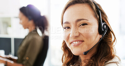 Buy stock photo Call center, portrait and woman in office with consultation for lead generation, crm or inbound support. Contact us, audio tech and female customer experience agent with order process at helpdesk.