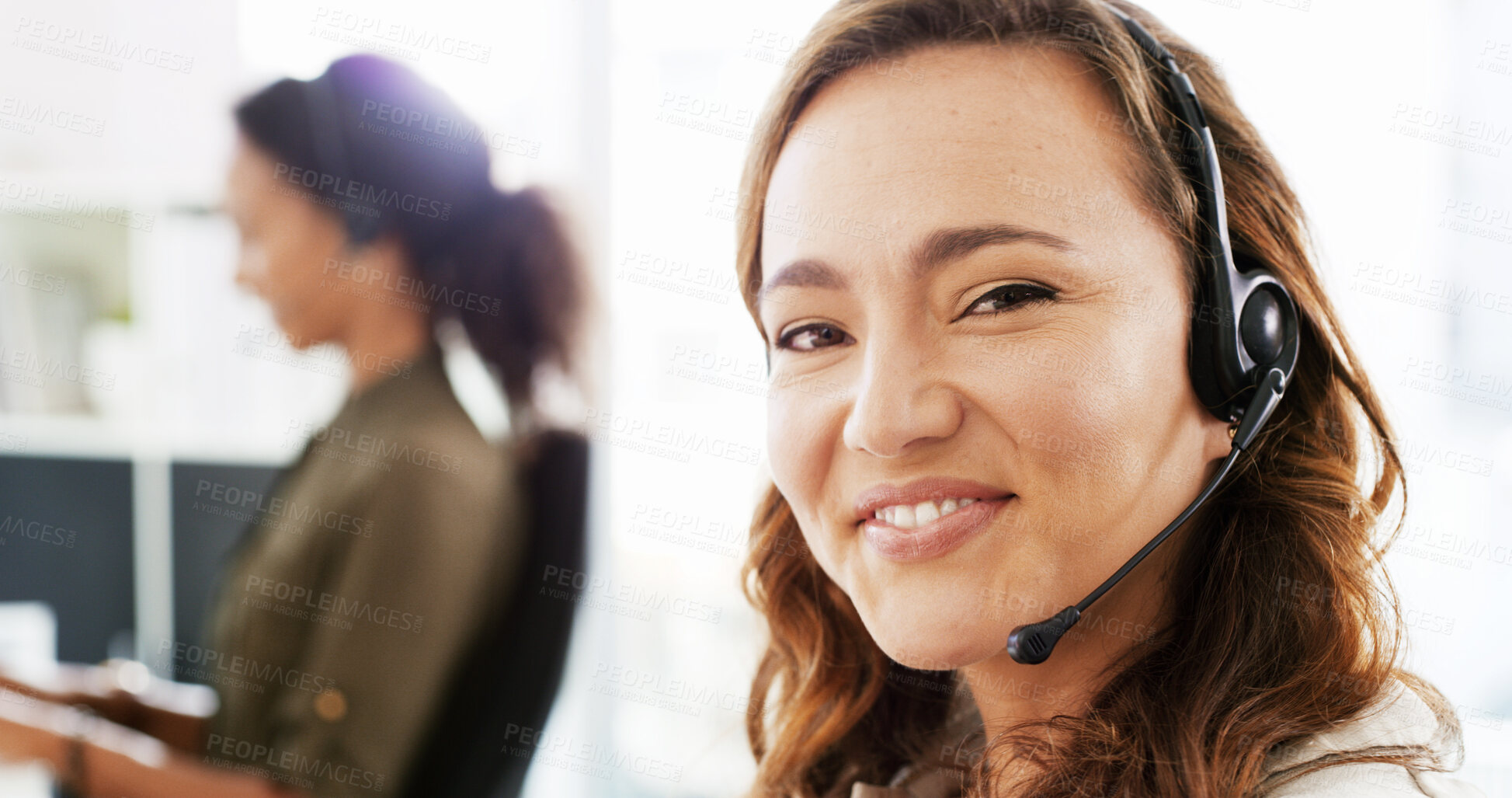 Buy stock photo Call center, portrait and woman in office with consultation for lead generation, crm or inbound support. Contact us, audio tech and female customer experience agent with order process at helpdesk.