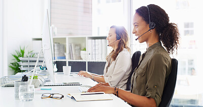 Buy stock photo Office, customer support and woman on computer for talking, online help and consulting. Corporate, business and person with headset on pc for virtual assistance, communication and b2c contact