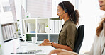 Happy woman, consultant or computer with headset at call center for telemarketing or customer service. Female person, agent or employee with smile or mic for online assistance, help or office support