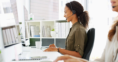 Buy stock photo Happy woman, consultant or computer with headset at call center for telemarketing or customer service. Female person, agent or employee with smile or mic for online assistance, help or office support