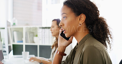 Buy stock photo Phone call, business chat and woman in workplace, negotiation or networking with mobile discussion. Contact, conversation and corporate deal with feedback, communication and coworking office