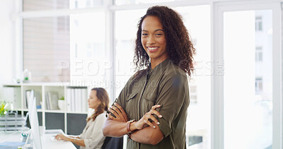 Buy stock photo Crossed arms, portrait and business woman in office with confidence, professional and company pride. Consultant, worker and person with smile for career, job and opportunity in coworking workplace