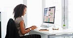 Business, internet and woman in workplace, computer and research for climate change. Person, typing and employee with pc, website info and network for ecology and progress for renewable energy