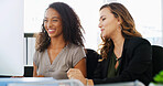 Happy, meeting and business women on computer for planning, collaboration and feedback for project. Professional, corporate and people in discussion on pc for research, online proposal and website