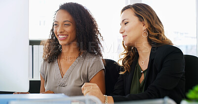 Buy stock photo Happy, meeting and business women on computer for planning, collaboration and feedback for project. Professional, corporate and people in discussion on pc for research, online proposal and website