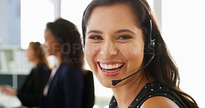Buy stock photo Woman, happy and headset at call center in portrait for legal advice, info and customer support. Person, consultant and smile with discussion, voip and microphone at help desk in office at law firm
