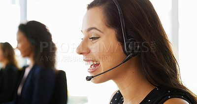 Buy stock photo Woman, happy and headset at call center for talking, legal advice and info with customer supporte. Person, consultant and smile with discussion, voip and microphone for help desk job at law firm