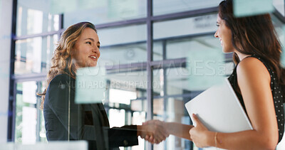 Buy stock photo Handshake, welcome and women with smile, office and greeting for job interview with candidate or hello. Hiring, recruiter and shaking hands with applicant for opportunity, people or happy for gesture