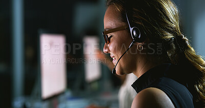 Buy stock photo Woman, night and headset at call center with smile, legal advice and info with customer support. Person, consultant and happy with discussion, voip and mic by computer, job and help desk at law firm