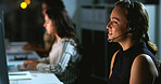 Woman, night and headset at call center for talking, legal advice and info with customer support. Person, consultant and smile with discussion, voip and mic by computer, job and help desk at law firm