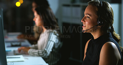 Buy stock photo Woman, night and headset at call center for talking, legal advice and info with customer support. Person, consultant and smile with discussion, voip and mic by computer, job and help desk at law firm